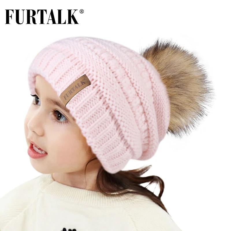 FURTALK/детская зимняя шапка вязаная шапка с помпоном, бархатная детская вязаная шапочка для мальчиков и девочек теплая шапочка для детей 2-10 лет