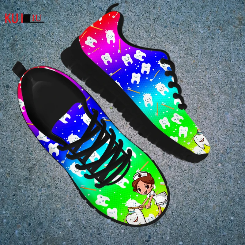 

KUILIU Rainbow Gradient Funny Teeth Dental Design Women's Shoes Autumn Nurse Dentist Casual Flats Sneakers Comfor Youth Footwear