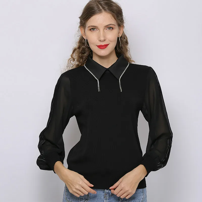 

Корейский стиль весна-лето трикотажные рубашки тонкий модный свитер с длинным рукавом с бусинами с лацканами Топы трикотажный пуловер T20612