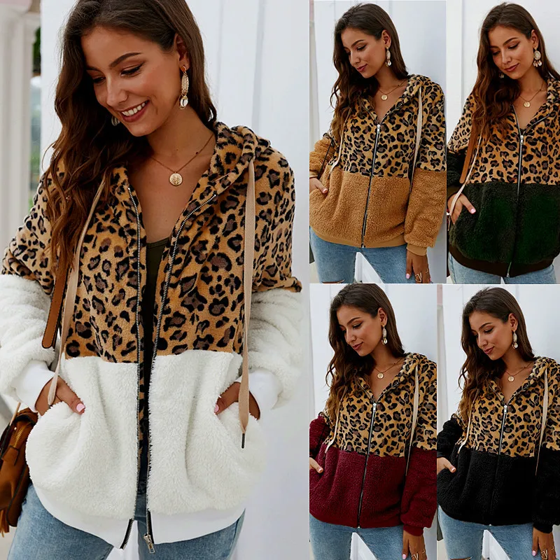 

2021 New Leopard Patchwork Women Teddy Coat Autumn Hooded Fluffy Plush Winter Faux Fur Jacket Coat Women Coat Fur Sweater Hoodie
