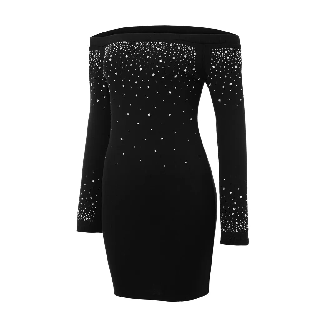 Сексуальное платье с открытыми плечами, вечерние платье Для женщин Bodycon осеннее платье с длинными рукавами ярких блестящее платье сплошной цвет Горячая Дрель платья Vestido Robe Femme - Цвет: Черный