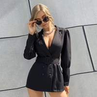 office lady sexy deep v neck blazer with free belt women solid colors mid length casual commute blazer suit formal clothes coat