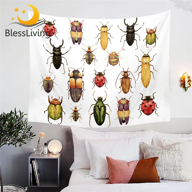 BlessLiving Insect Tapestry Wall Hanging Beetles Decorative Wall Carpet Watercolor Print Bedspreads Colorful Hipster Bed Sheet 1