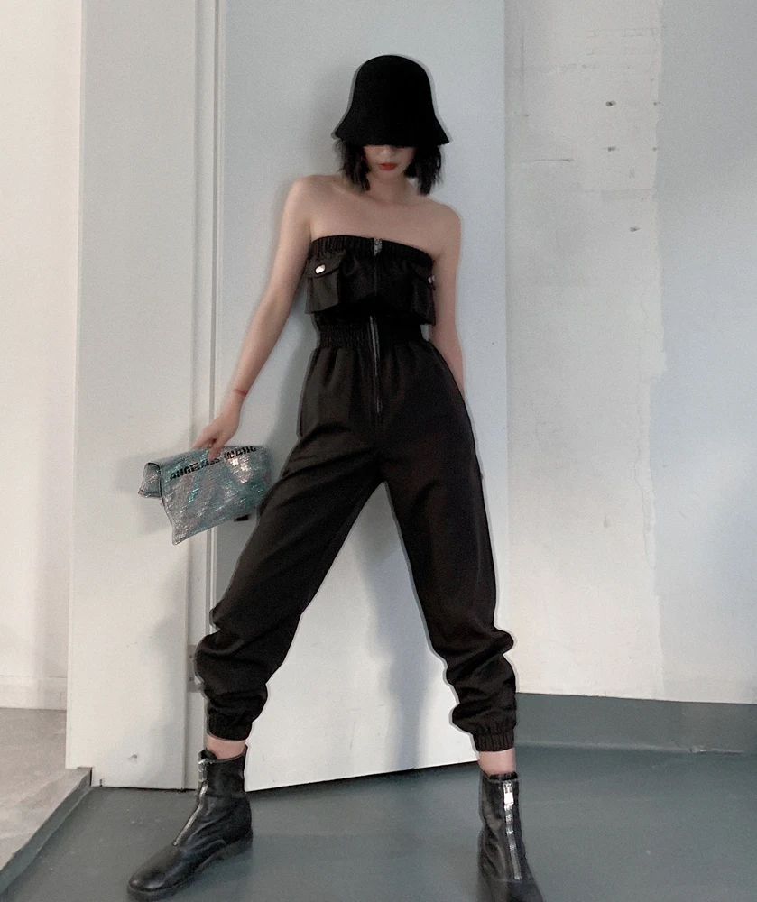 Черный элегантный офисный женский однотонный комбинезон без рукавов с открытыми