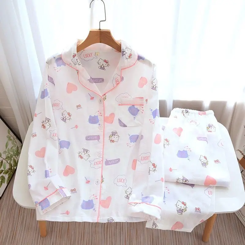 

100% Cotton Pajamas Set Full Sleeve T-shirt Long Pants 2Piece/Set Pyjama Big Size Mom Homewear Cozy Cute kitten Sleepwear