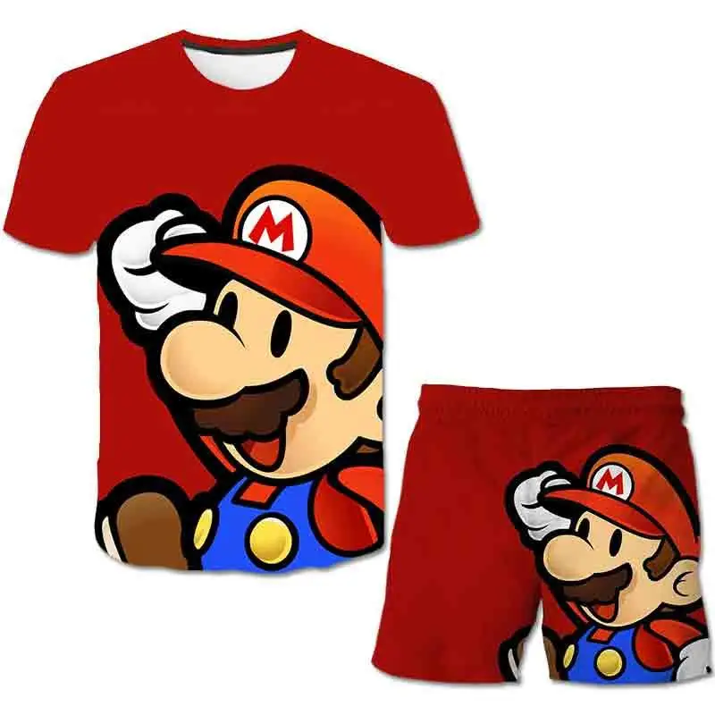 

2021 Mario Cartoon Baby Girls Boys Kids Summer Hot Sale Polyester Clothes Short Sleeve T-shirt +shorts Outfits Set 4-14 Year Old