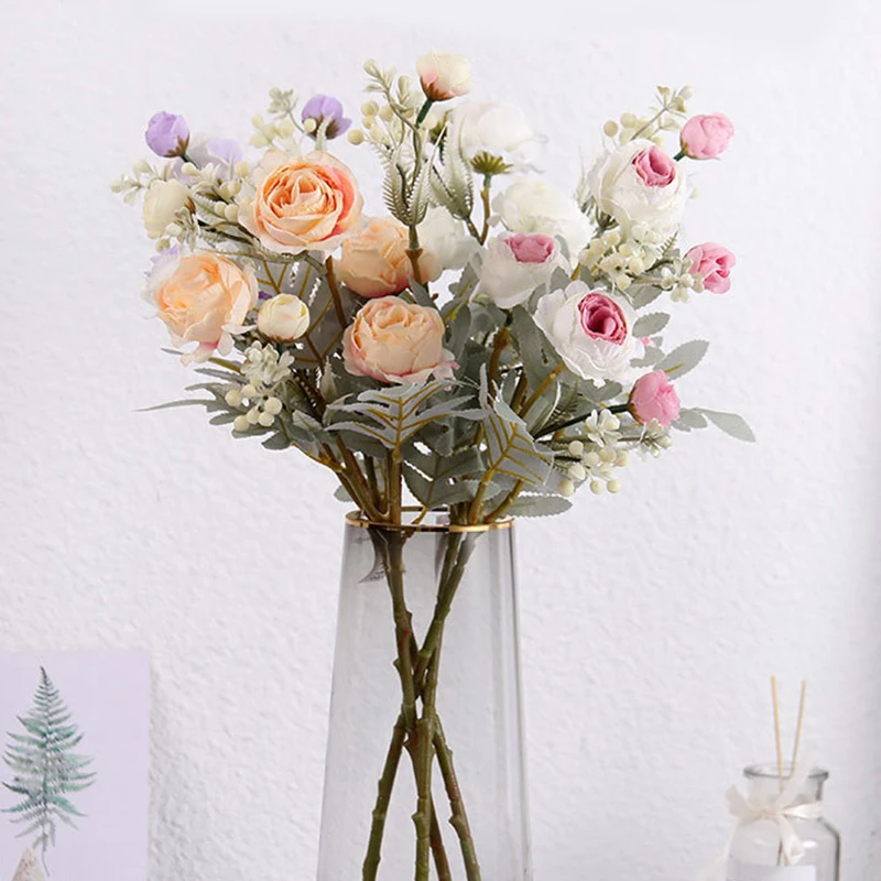 

A bunch 3 Heads Artificial Roses Bouquet New Silk Cloth Wedding Home DIY Decoration Ornaments Indoor Realistic Fake Flowers Q42