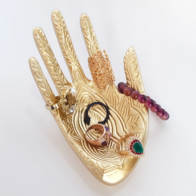 

Golden Hand Jewelry Dish Trinket Rings Bracelet Holder Jewelry Ring Trays Q0KE