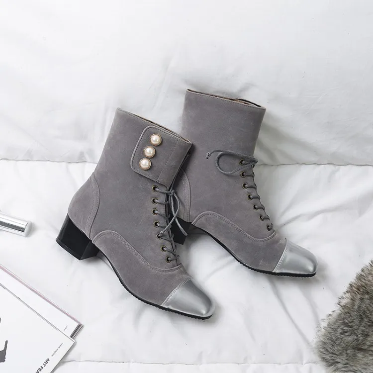 

Big Size Square head pearl lace up Martin boots boots women shoes ankle boots for women ladies boots shoes woman winter
