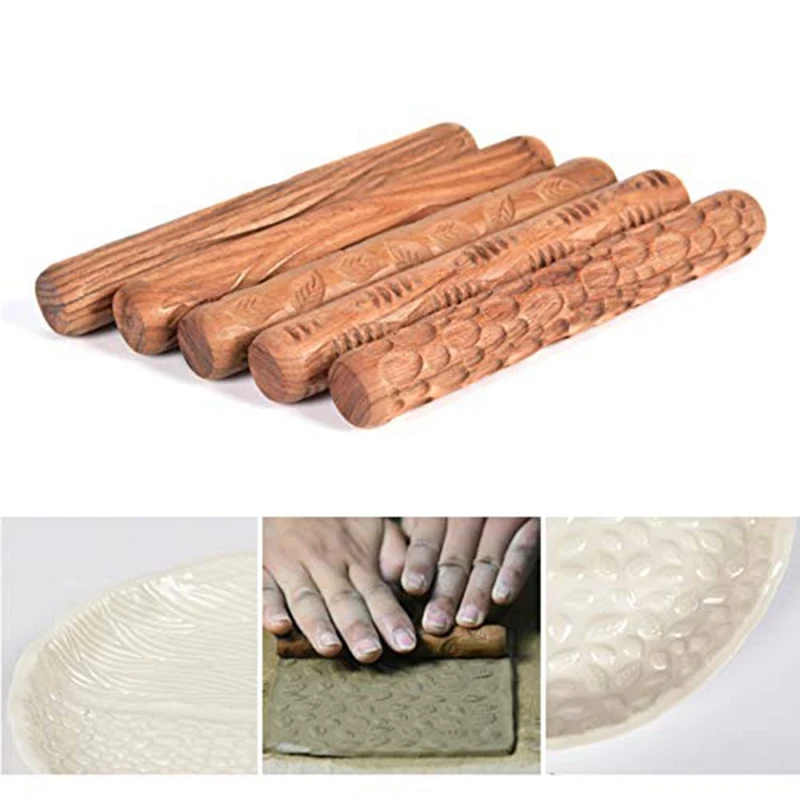 

5PCS Pottery Tools Wood Hand Rollers for Clay Clay Stamp Clay Pattern Roller Ceramic Tools Carved Texture Printing Mud Rolling
