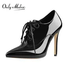 Onlymakerпикантные женские ботинки с острым носком на высоком каблуке 10 см, на шнуровке, черные лакированные кожаные ботинки на черной подошве
