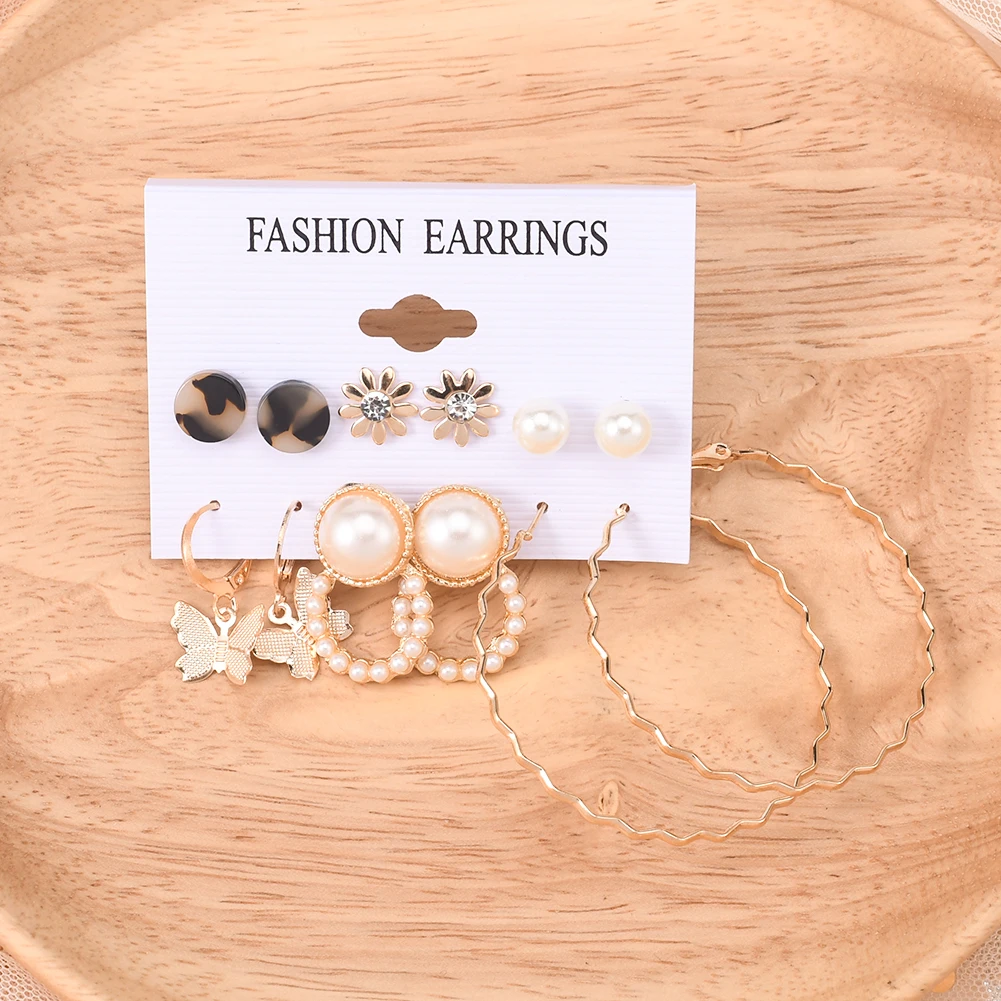 

Earring Pearl Diamond Flower Eardrop Women Fashion Accessories 6 Pairs/Set Jewelry