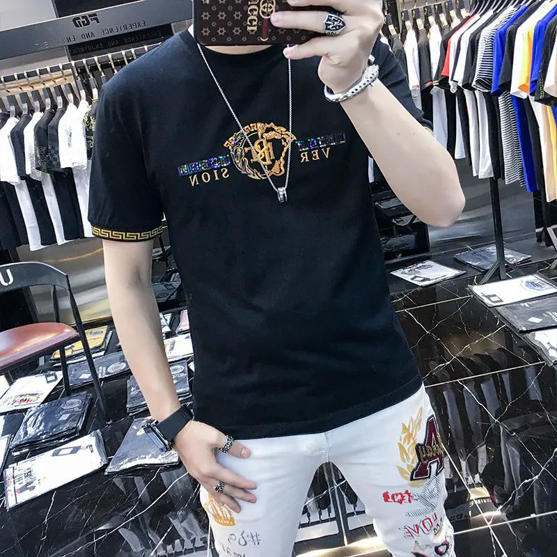 

Embroidered short sleeve T-shirt embroidered bead trend 2021 summer new men's half sleeve base T-shirt