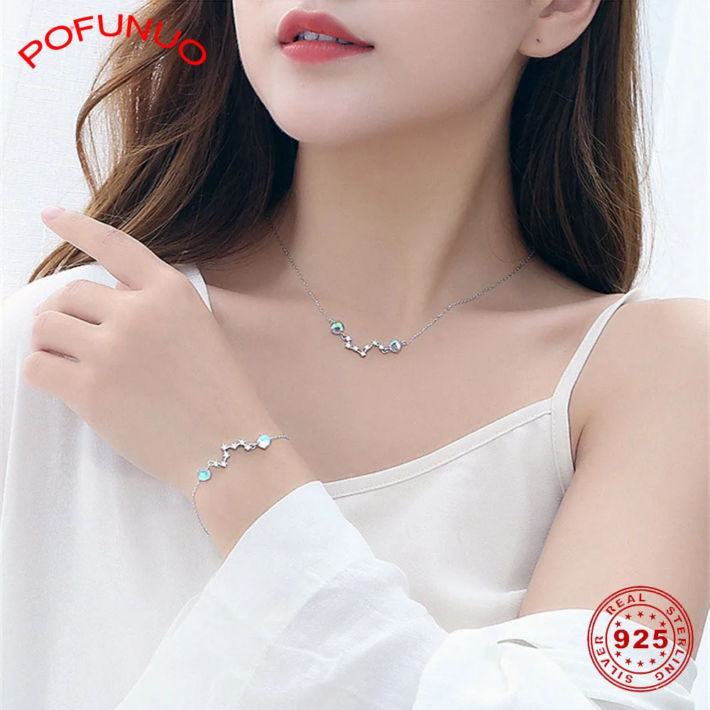 POFUNUO 925 пробы Серебряное ожерелье с Луной и звездой, корейский стиль, подарок на день Святого Валентина, чокеры, короткое ожерелье, браслет