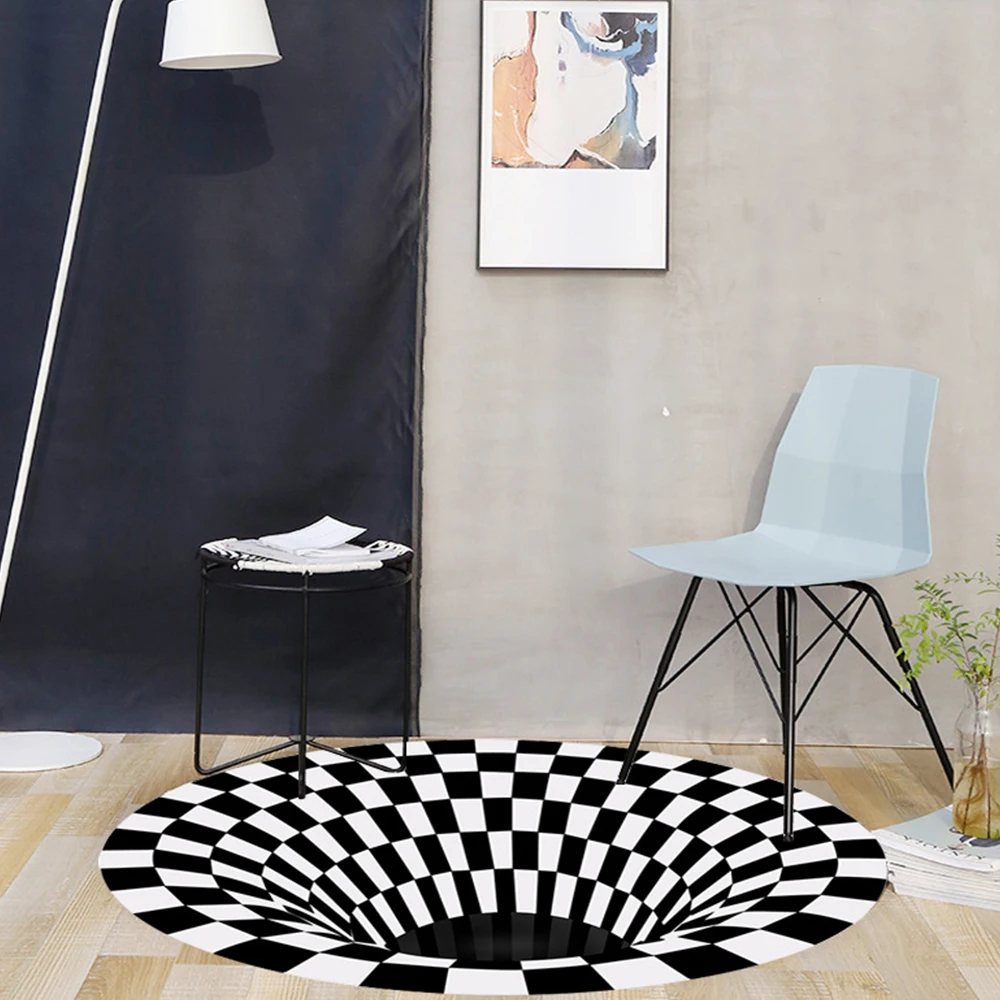 Круглый коврик в клетку Вихревой с оптической иллюзией прочный нескользящий