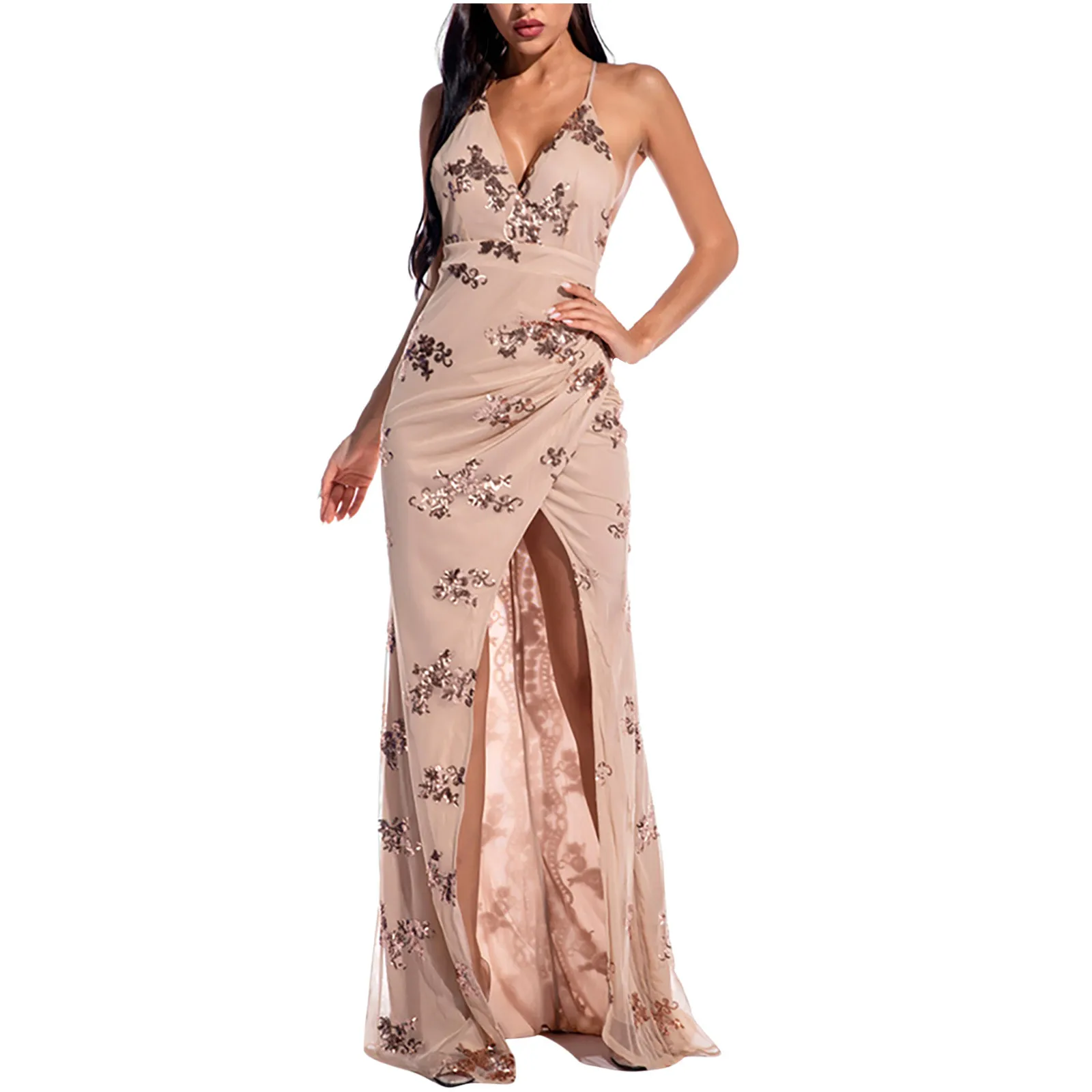 Женское сексуальное платье с пайетками летние Разделение глубокой v образной