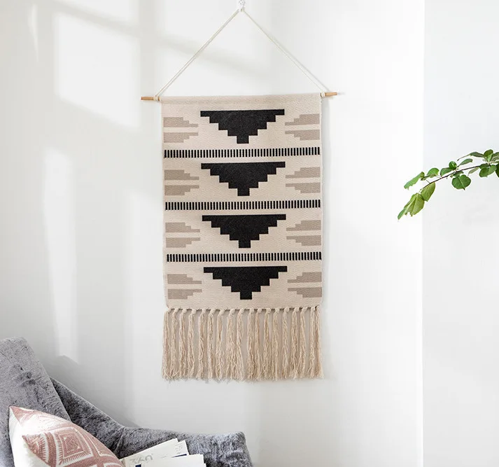 

Hand-woven homestay tapestry wall hanging living room handmade simple cotton and linen tapestry fabric dormitory tassel tapestry