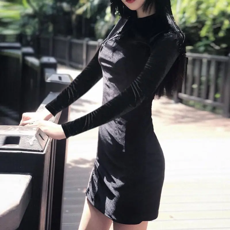Готическое винтажное сексуальное черное облегающее платье Cheongsam женское в