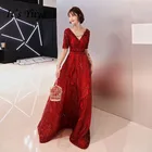 Женское вечернее платье с блестками It's YiiYa, винно-красное ТРАПЕЦИЕВИДНОЕ ПЛАТЬЕ С V-образным вырезом и коротким рукавом, платье с открытой спиной для вечеринки, E075, 2019