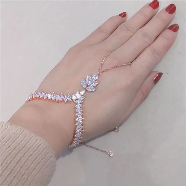Rose Gold UILZ Модный изысканный маркиз огранка кубический циркон регулируемые браслеты для женщин Модный соединяющийся браслет, соединенный с кольцом на пальце ювелирные изделия JMBP143 - Окраска металла: Rose Gold