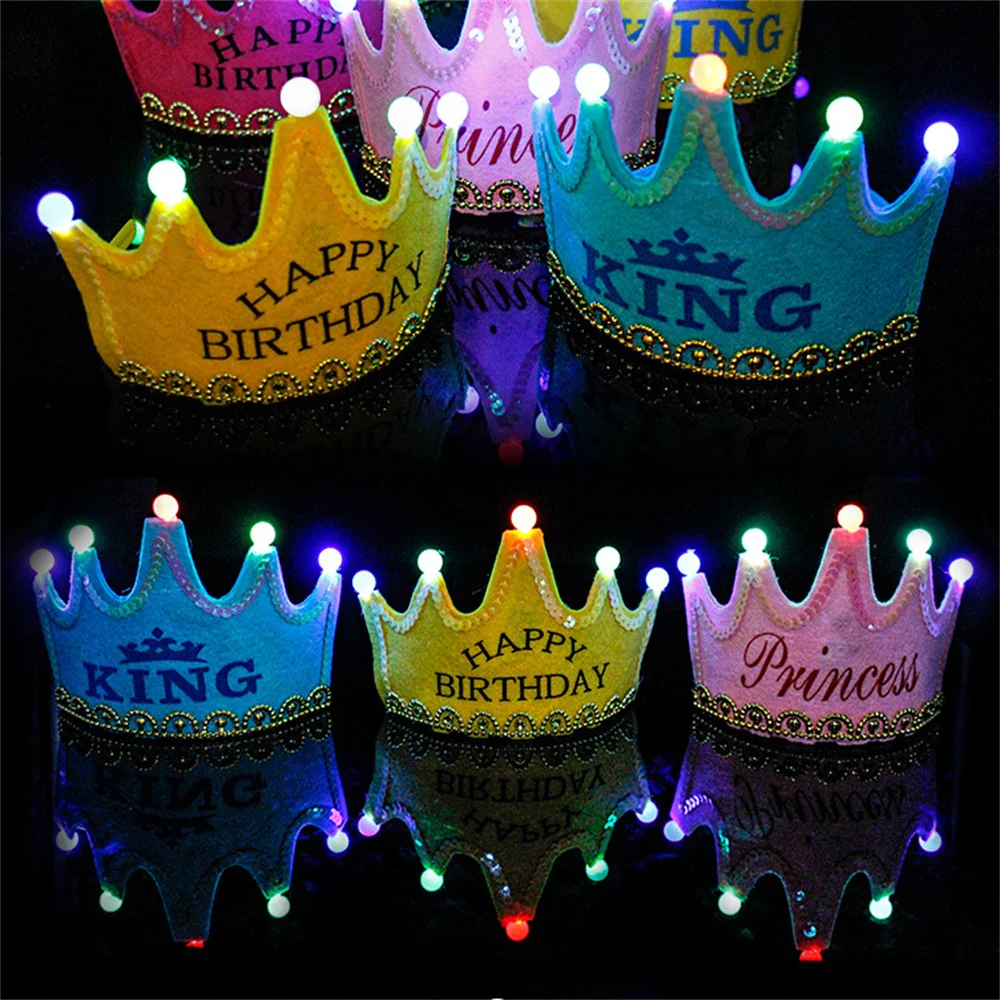 

LED Light Happy Birthday Crown Hat for Kids Child Princess King Party Decor Supplies DIY Glowing Birthday Cap Headband