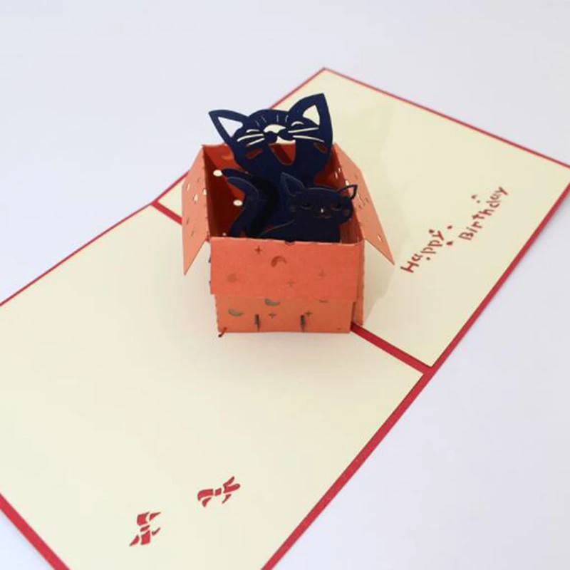 

3D Pop UP Paper-cut Carving Origami Box Holiday Greeting Card Cat Animal Christmas Birthday Holiday Greeting Card