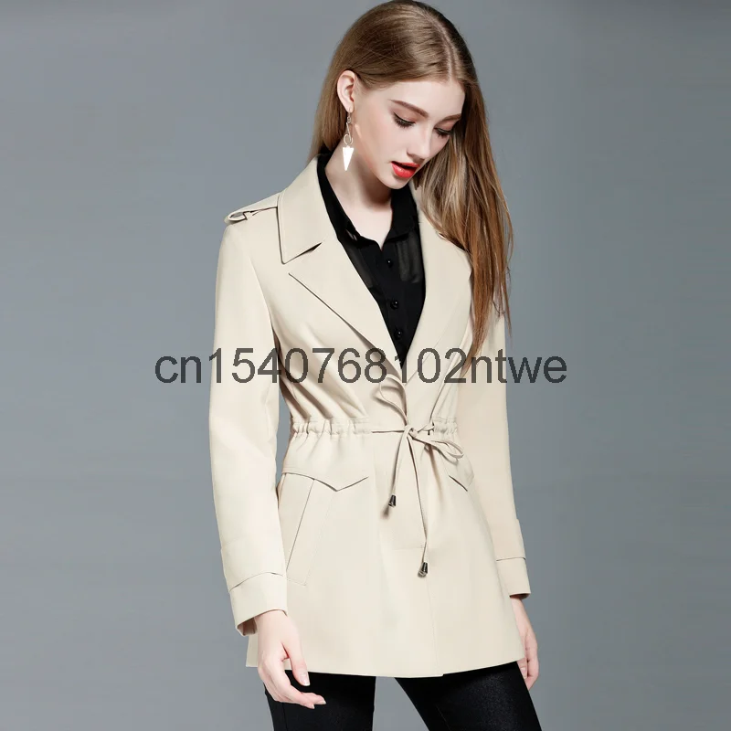 

Leisure windbreaker women's mid long 2021 spring and autumn new drawstring hidden door flap British coat large 1076
