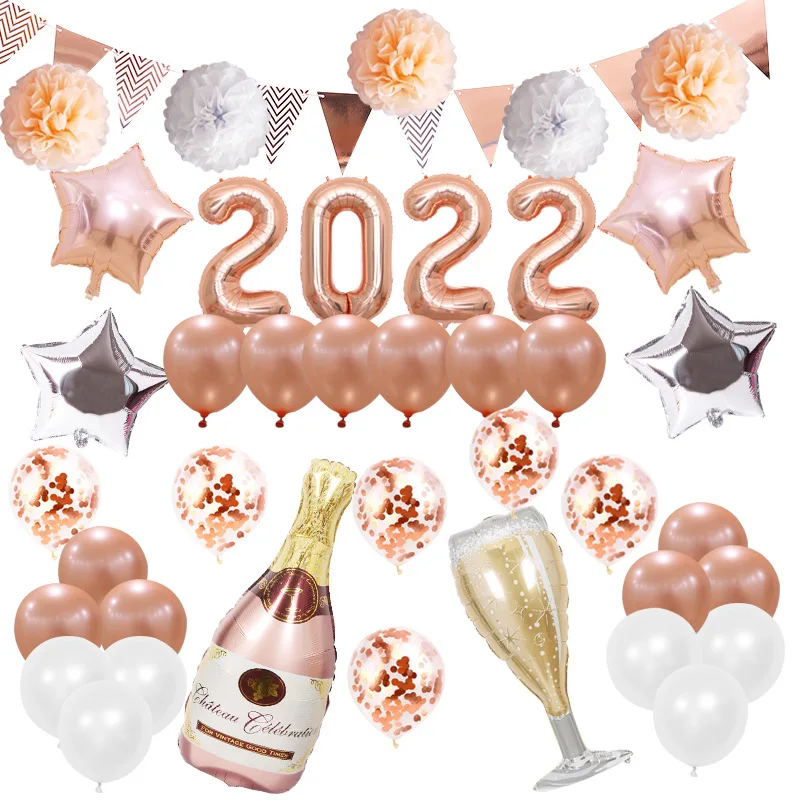 

Happy New Year Party Balloons новогодние украшения 2022 Happy New Year Champagne glasses Aluminum Film Balloon Paper flowers Set