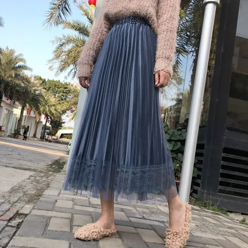 Осенняя бархатная юбка TingYiLi с тюлем кружевная бежевая синяя розовая Черная