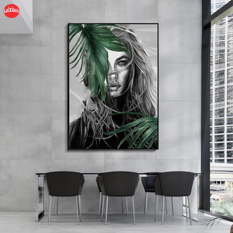 Алмазная картина абстрактное черно белое искусство женщина зеленые листья