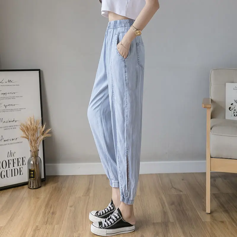 

Elastic High Waist Jeans Loose Blue Basic Summer Thin Korean Nine-point Harem Pants Casual Denim Trousers Women 2021 X97
