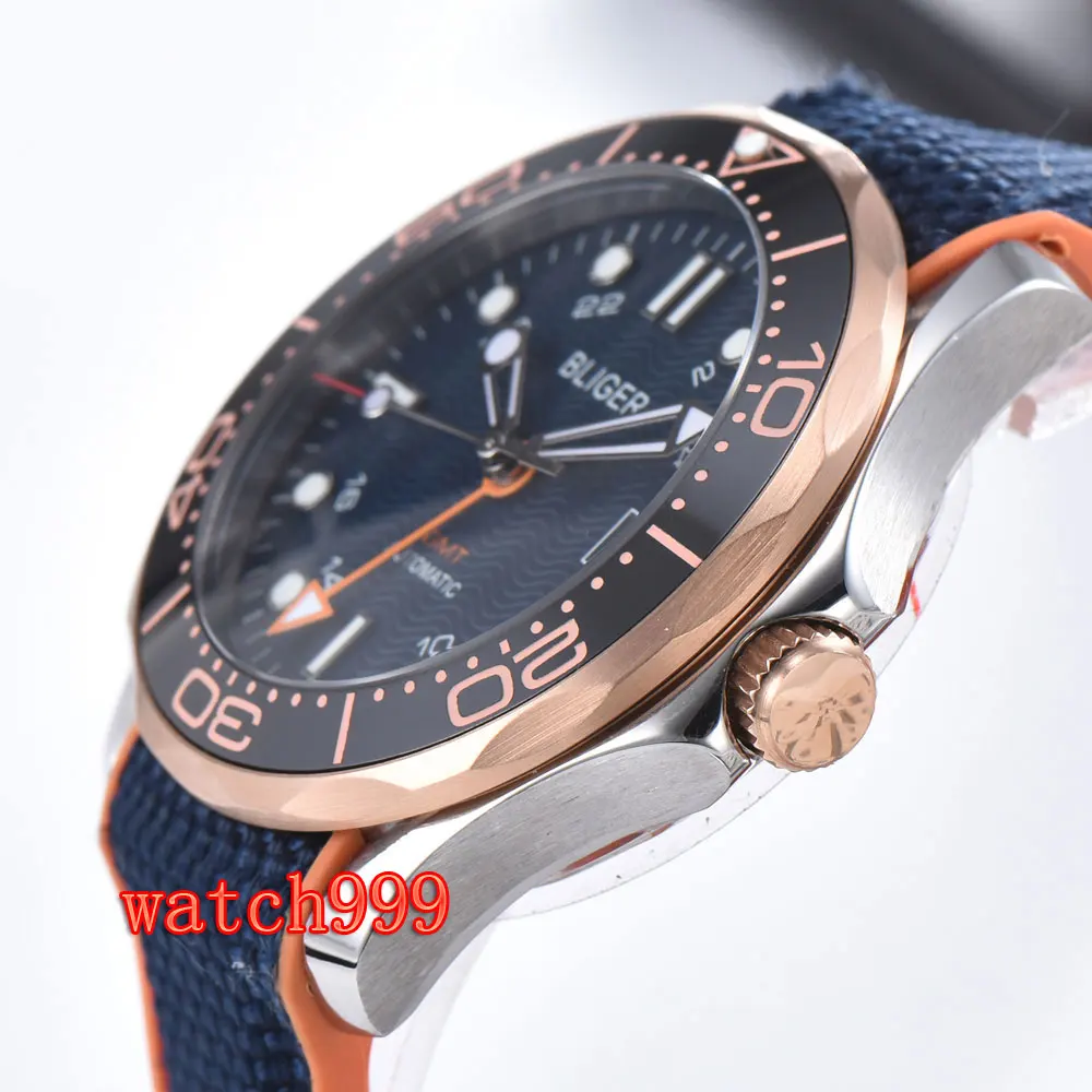 Bliger 41 mm Blue dial Automatic date Rose gold bezel fashion men's watches Rubber strap GMT automatic mechanical | Наручные часы