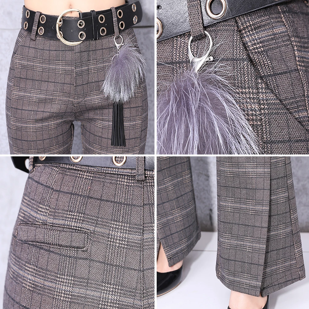 Женские брюки в клетку с широкими штанинами офисная одежда длинные поясом модные