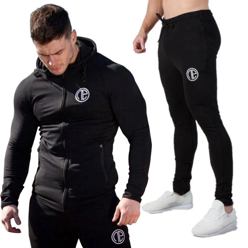

2021 New Men Set cotton Autumn Spring Sporting Suit Zipper Sweatshirt +Sweatpants 2 Pieces Running suit Slim Male Tracksuit