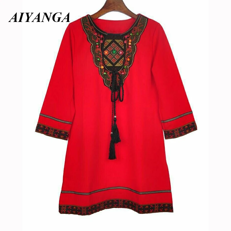 

Spring Dresses For Women 2021 Folk Style Embroidery Wrist Party Dress Chic Beading Loose Plus Size Female Autumn Vestidos