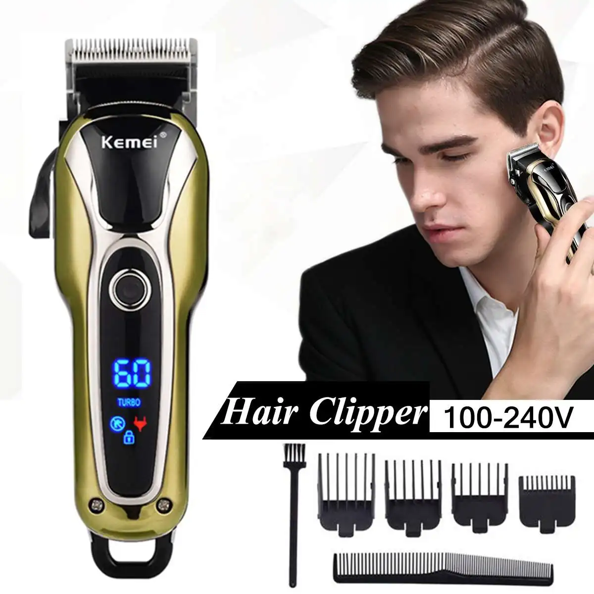 

KM-1990 Professional LCD Digital Hair Trimmer Men Hair Clipper Rechargeable Barber Salon Hair Cutting Tool Kit with 4 Limit Comb