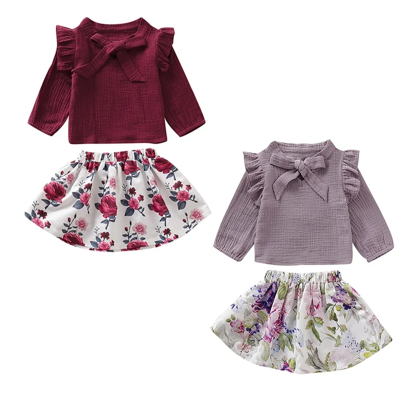 

2019 Baby Girl Cute Long Sleeve Cotton Flare Sleeve Autumn Sweatshirts Flower Short Skirts Casual Outfits Sets