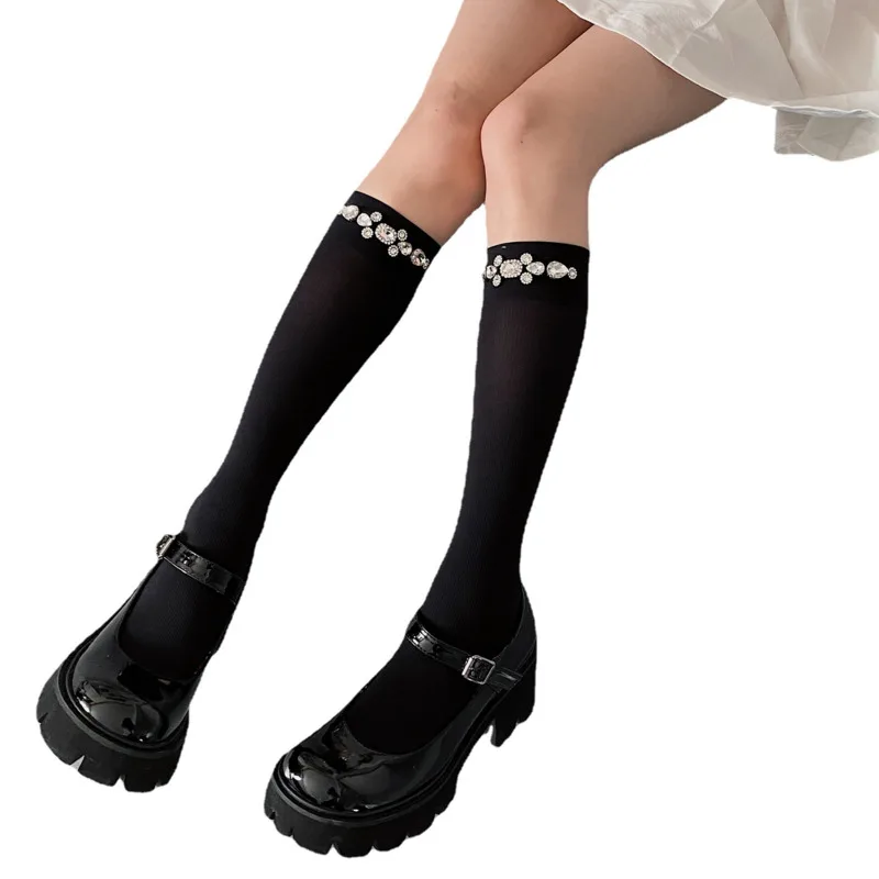 

SP&CITY Handmade Diamond Lolita High Socks Women Rhinestone Decorative Thin Knee Stockings Summer Crystal Sexy Socks Korean Girl