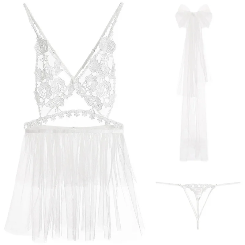 

Kawaii White Wedding Sexy Lingerie Female Winter Water Soluble Floating Flower Eyelash Lace Temptation Sling Nightgown Sleepwear