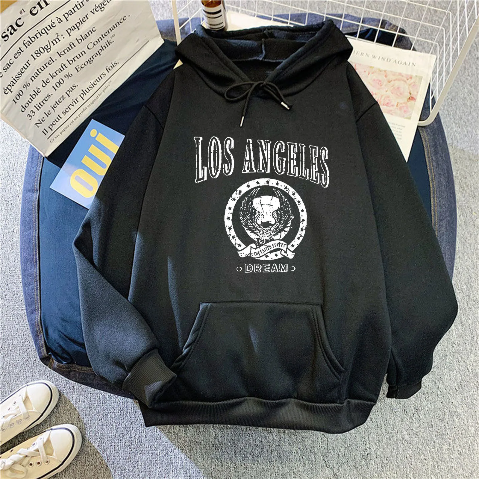 harajuku Korean Japanese Winter Shirt Women's LOS ANGELS Print Pockets Long-sleeved Sweatshirt  Casual Tops Pullover 5Color топ
