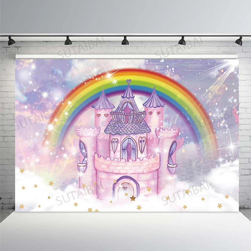 

Rainbow Mermaid Castle Backdrop Glitter Bokeh Fairytale Princess Birthday Party Girls Baby Shower Photography Background Studio