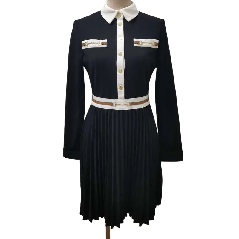 

M family autumn winter new academy style Lapel metal button contrast ribbon pleated hem Long Sleeve Dress
