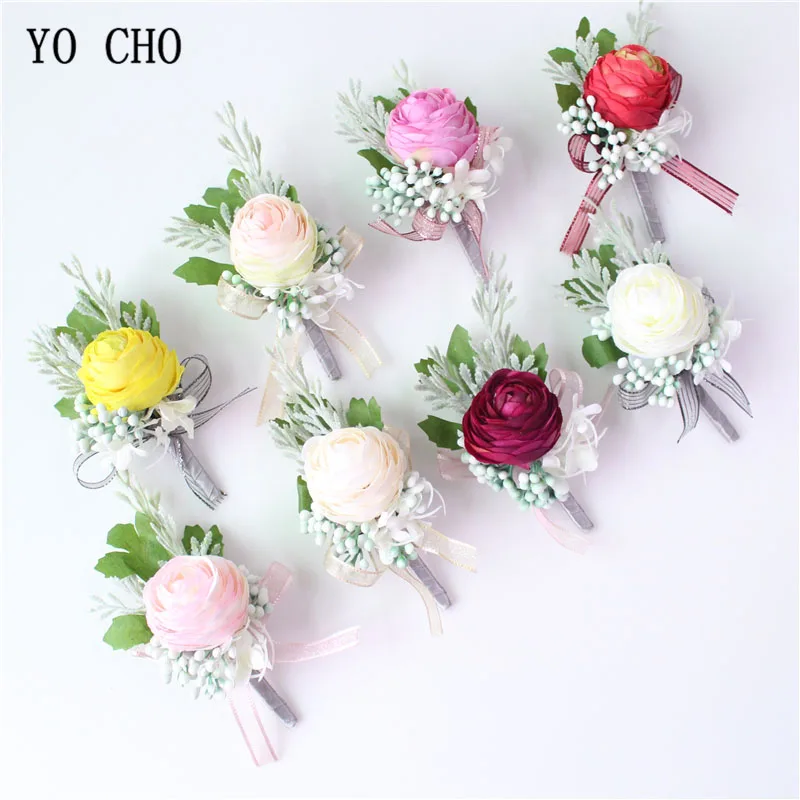 

YO CHO DIY Silk Flower Men Corsage Groom Boutonniere Pin Bridal Wrist Corsages Champagne Bridesmaid Bracelet Wedding Accessories