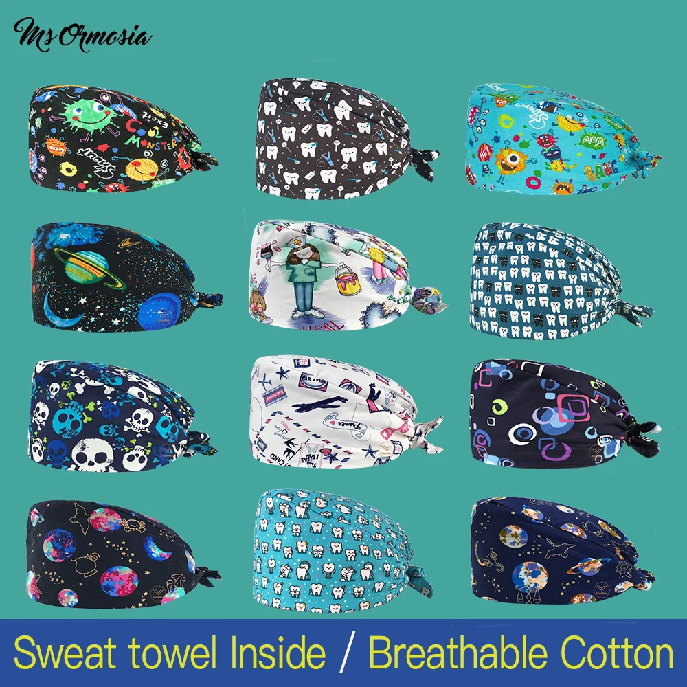 

Оптовая продажа чистый Шелковый шарф из хлопка с мультяшным принтом дышащая Регулируемый матовый шапка салон красоты унисекс Рабочая шляп...