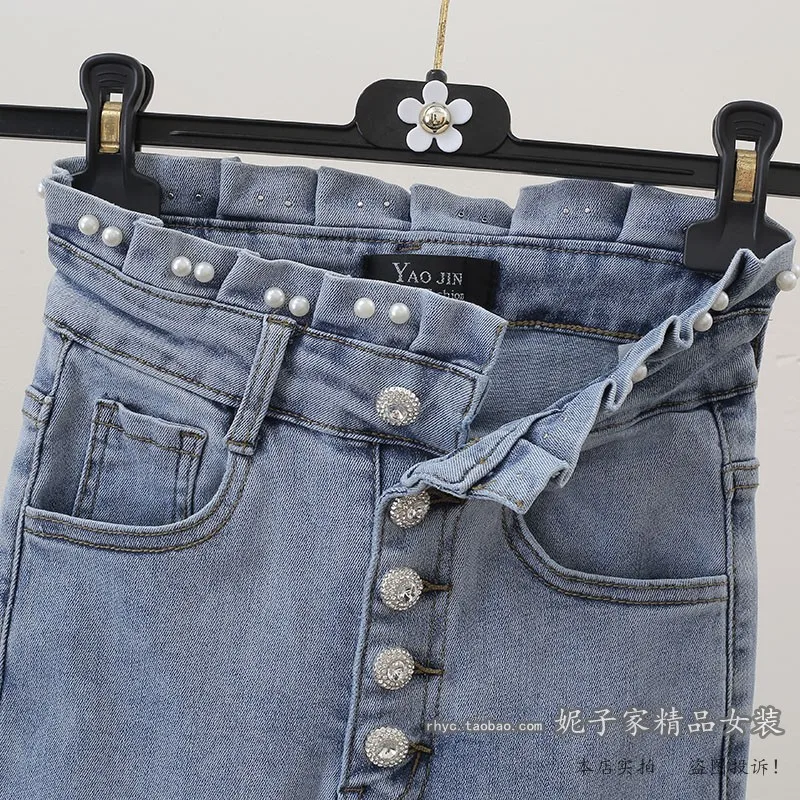 

2021 Spring Crystal Diamond Single Row Button Beaded Denim Pants Elastic High Waist Pencil Tappered Jeans Ladies Long Trousers