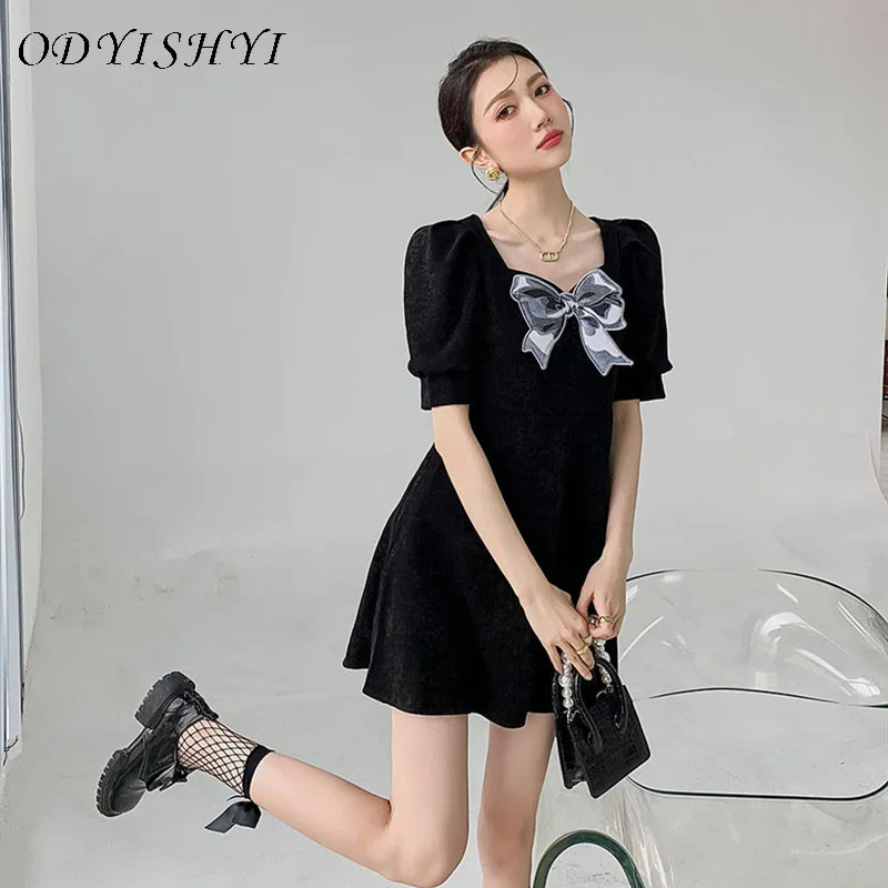 

Female French Style Black Bow Print Slim Puff Sleeve Mini Dress Women Summer Designed Vintage New Dresses Ladies Vestidos ML313