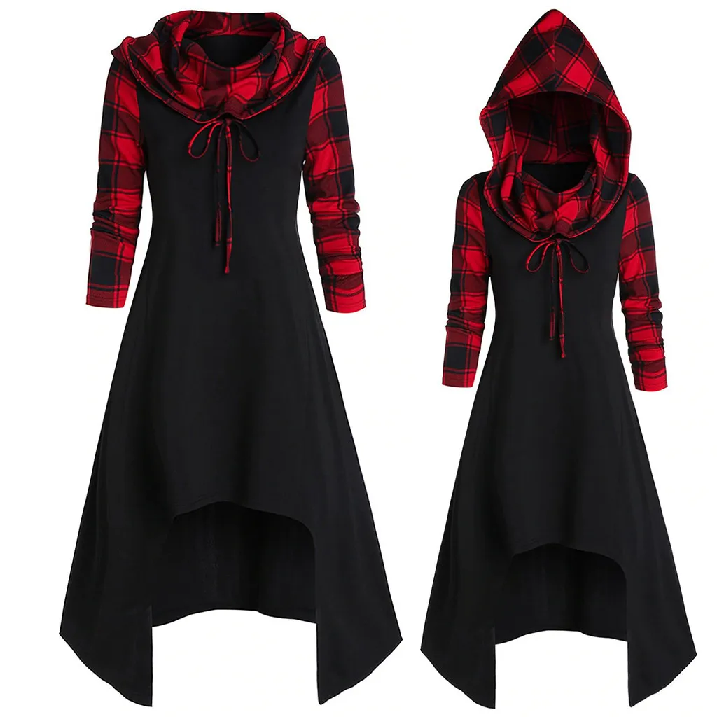 Зимнее платье с капюшоном для женщин принт в клетку длинный рукав повязка