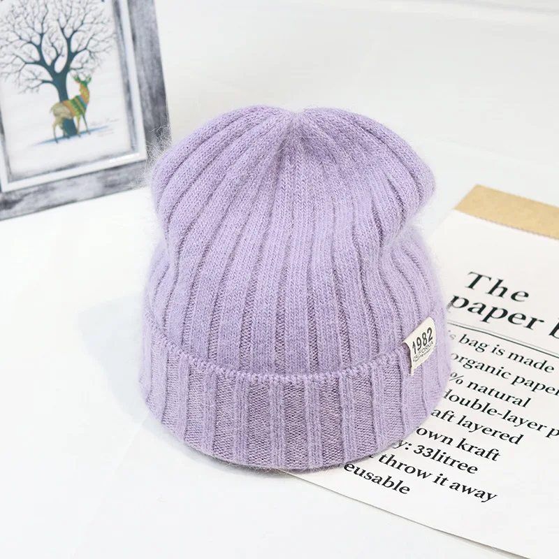 Модная однотонная вязаная шапка Шапка-бини из кроличьего меха для женщин зимняя