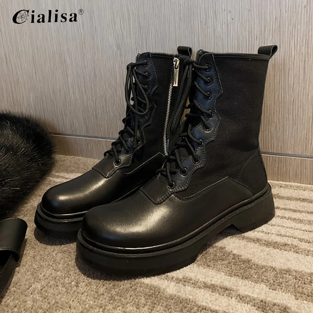 

CIALISA Women Shoes Genuine Leather Handmade Round Toe Mid Heel Zipper Boot 2020 Fashion High Quality White Warm Ankle Boot