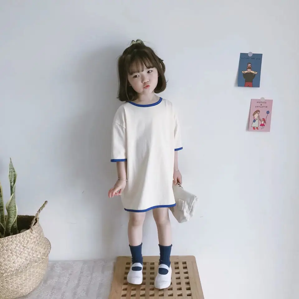 

2021 Summer New Korean Girl Baby Personality Color Matching Raglan Loose Cotton Dress Short-sleeved T-shirt Dress